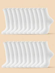 10/20/30/40 Pairs Women's White Frill Trim Casual Versatile Mid-Calf Socks - White - View 17