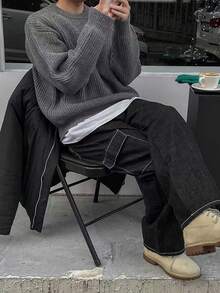 Men's Autumn/Winter Basic Solid Color Casual Fitted Lightweight Sheer Polyester Pique Texture Niche Design Long Sleeve Drop Shoulder Crew Neck Pullover Sweater - Grey - View 3