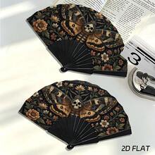 2D Flat Style, Fashionable Handheld Folding Fan, Featuring Dark Vintage Skull, Moth And Floral Pattern, Perfect For Summer Parties, Music Festivals And Bar Use. Also An Excellent Home Decor And Gift - A - View 7