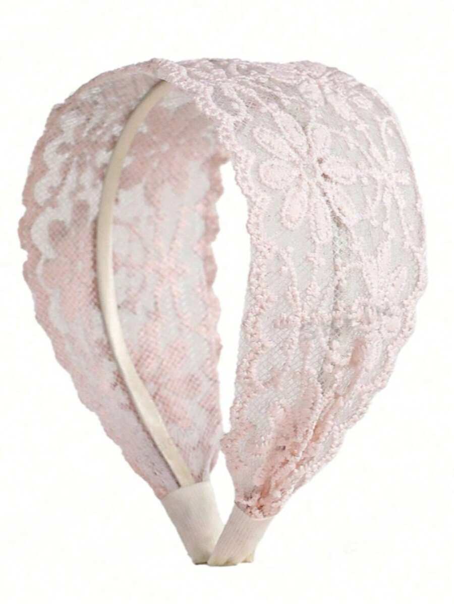 Flat Large Light Pink Lace Embroidered Flower Headband One-Piece Set - Baby Pink - View 1