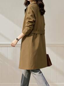 Minimalist Twill Straight Wool Coat Women Pocket Midi Work Travel Fall Winter Fashion - Brown - View 3