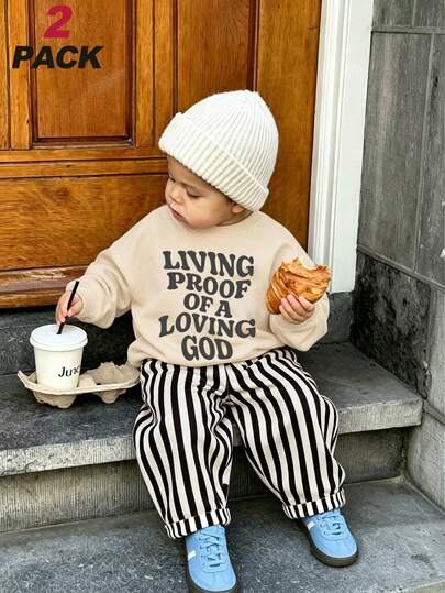 Vintage 2-Piece Baby Boy Sports Set, Bold Slogan Print Sweatshirt And Striped Long Pants, Soft Infant Spring/Autumn/Winter Outfit
