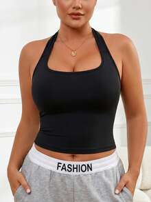 Women's Plus Size Ribbed Halter Neck Tank Top, Open Back Slim Fit Sleeveless Cami, Casual Daily Wear, Lounge & Workout Athletic Tops - Black - View 5