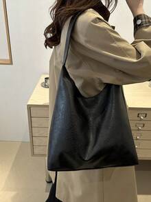 大容量純色紋理托特包女款，2026新款韓系時尚高級休閒百搭單肩通勤購物包 - 黑色 - 查看 5