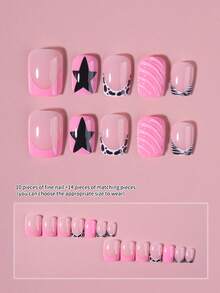 24pcs Y2K Short Square 3D Gel Leopard Print Pink French Style Press-On Nails, Including Zebra, Cow Print And Star Patterns, Perfect Fit False Nail Set, Includes 1pc Jelly Glue And 1pc Nail File, Suitable For Women And Girls Daily And Party Use - Multicolor - View 2