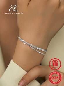 SYMFNY 1pc Ins Minor Style 925 Sterling Silver Staggered Square Slice Lobster Clasp Adjustable Three‑Layer Bracelet For Women Anniversary Jewelry Gift - Silver - View 1