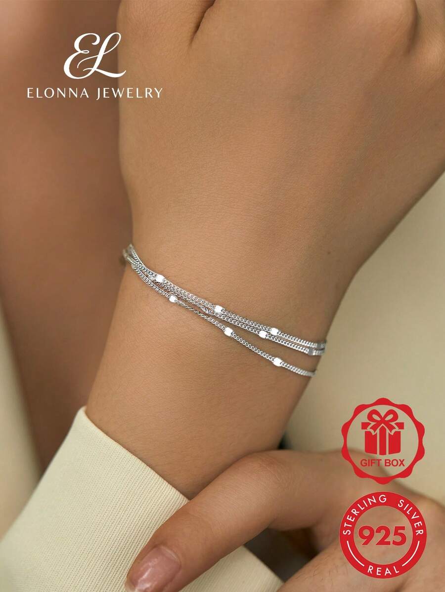 SYMFNY 1pc Ins Minor Style 925 Sterling Silver Staggered Square Slice Lobster Clasp Adjustable Three‑Layer Bracelet For Women Anniversary Jewelry Gift - Silver - View 1