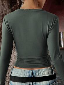 GLAMSKIN Women's Summer/Autumn Basic Striped Contrast Trim V-Neck Long Sleeve Top, Back To School/Outing/Streetwear Casual - Grey - View 2