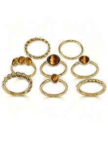 8pcs/Set Vintage Rugged Tiger Eye Stone Rings, Minimalist Design, Suitable For Party, Gift For Friends And Family, Daily Wear - Yellow Gold - View 3