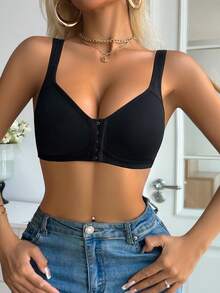 Black Front Closure Wireless Molded Cup Bra, Fixed Thin Padding, Classic Comfortable Women's Solid Color Lingerie Bra - Black - View 2