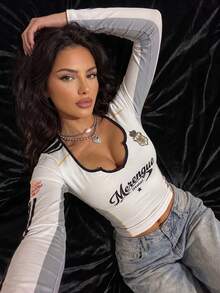 Women's Casual Madrid Jersey Sweetheart Side Stripe Slim Fit T-Shirt For Daily Wear Fall & Winter, Going Out - Yellowish-white - View 3