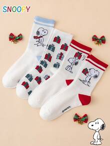4 Pairs SNOOPY Series Authentic Puppy Christmas Gift Pattern Fun Personalized Cartoon Women's Mid-Calf Socks, Unisex - Multicolor - View 6