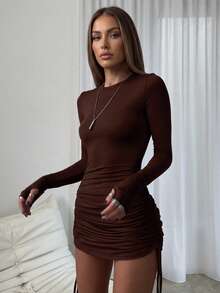 Women's Sexy Ruched Long Sleeve Bodycon Mini Dress With Drawstring, Suitable For Elegant Date Night, Black Bodycon Dress Party Spring - Brown - View 2