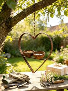 Rusty Metal Heart-Shaped Bird Feeder, Dual Bowl Design, Vintage Distressed Bird Food And Water Dual-Use Feeder, Hanging Design Suitable For Trees And Backyard Gardens, European Courtyard Landscape Country Style Outdoor Decor - Multiple Styles - View 5