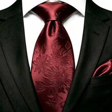 Men's Tie Set, Classic Fashion Tie & Pocket Square Set, Suitable For Weddings, Business And Banquets - Red - View 2