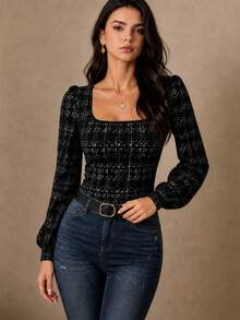 Women's Black Knitted Square Neck Top - Black - View 1