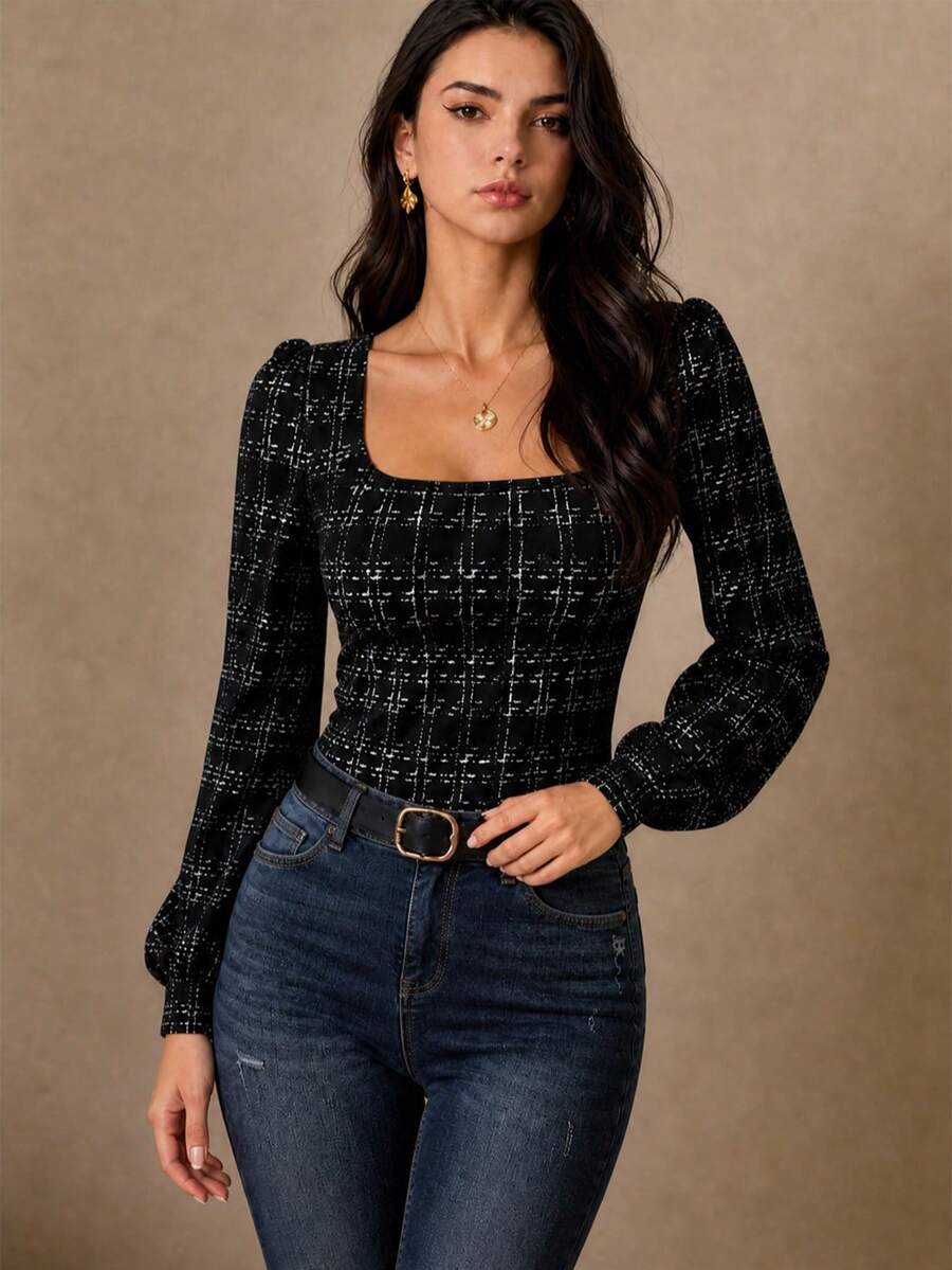 Women's Black Knitted Square Neck Top - Black - View 1