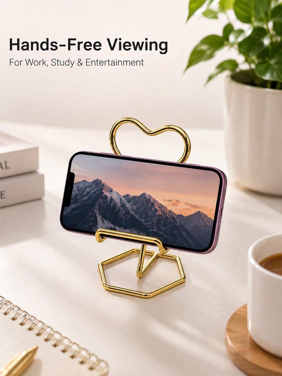 حامل هاتف على شكل قلب، تصميم معدني وحديدي بسيط، حامل هاتف للشخص المتكاسل على المكتب/غرفة النوم، بطلاء ذهبي - متعدد الألوان - مشاهدة 1