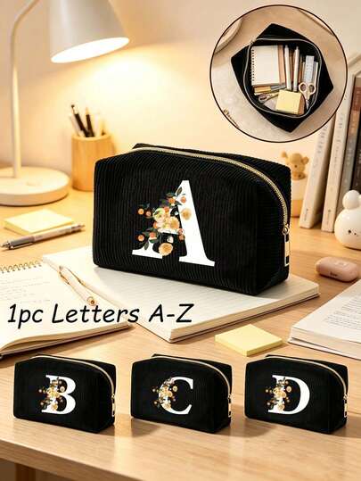 1pc Citrus Floral Letter Corduroy Pencil Case, Customizable Initial A-Z Letter Option Portable Stationery Storage Bag, Travel Toiletry Bag, Bridesmaid Birthday Gift, Essential School Supplies, Best Back To School Gift, Halloween Christmas Gift