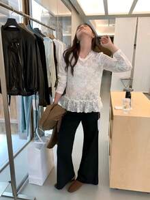 New Women's Minimalist Autumn French Lace Top, Long Sleeve Ruffle Hem, Youthful Loose Fit Top - Apricot - View 10