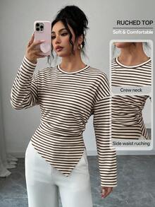 Kaos Lengan Panjang Bergaris-garis dengan Detail Ribbed, Bahu Jatuh, Hem Asimetris, Pinggang Berkerut, Potongan Slim Fit, Cocok untuk Musim Gugur/Dingin, Atasan Kasual untuk Komuter. - MultiWarna - View 4