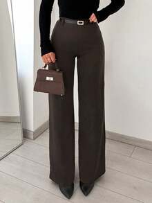 SMILE CHI Women's Casual Elastic Straight Leg Dress Pants, Autumn Back To School, Commute Daily Office Wear (Belt Not Included) - Brown - View 3