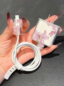 極簡花卉元素蘋果充電器蝴蝶結造型保護套，適用於 20W Apple 15 充電線保護套、16 Pro Max 手機數據線保護套、13/14 Plus 保護殼，防斷裂、防貓咬 - 蝴蝶百合花 - 查看 8
