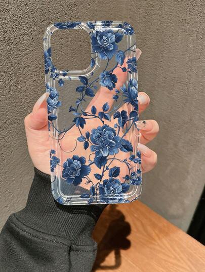 1PC New Creative Transparent Air Cushion Blue Floral Pattern Phone Case Compatible With IPhone 18 Pro Max, 18 Pro, 17 Pro Max, 17/17 Pro, 16 Pro Max, 16/16 Pro/16 Plus, 15 Pro Max, 15 Pro/15 Plus/15, 14 Pro Max, 14 Pro/14, 13 Pro/13, 12 Pro/12, 11/XS/XS Max/8 Plus/7, Galaxy S25/A14/A23 5G/A15/A32/A33/A24/A51/A53/S20 FE/S21/S22/S23/S24/S25/S24 Ultra/A71/A55/A36/S21 Ultra/S23 Ultra Full Coverage Soft Shell, Suitable For Halloween, Valentine's Day, Friends, Family, Couples, Yourself, Boyfriend, Girlfriend, Holidays