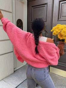 Women's Pink Loose Cardigan Jacket, Autumn/Winter Fashion Casual Long Sleeve Front Open Knit Sweater, Soft Solid Color Coat - Pink - View 2