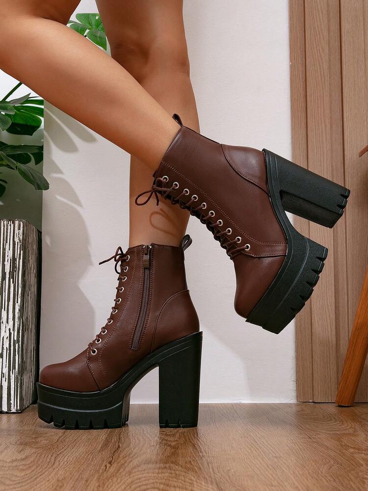 Vintage Brown Lace-Up Thick Sole Chunky Heel Ankle Boots For Women, Side Zipper Cool Motorcycle Style Boots - Coffee Brown - View 3