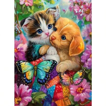 1PC | 5D DIY Diamond Painting | Puppy, Cat And Butterfly Pattern Diamond Painting Kit, Round Full Drill Mosaic Craft Set, High Definition Art Diamond Painting, Focus And Relax Through DIY, Suitable For Living Room, Bedroom, Office Wall Decoration, Surprise Holiday Home Decor Gift For Family And Friends, Unframed
