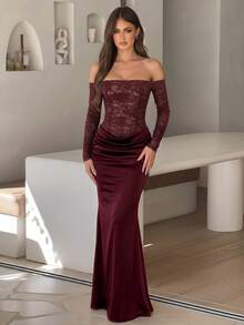 Elegant Women's Off-Shoulder Long Sleeve Lace Ruched Fitted Evening Gown, Suitable For Formal Occasions - Burgundy - View 3