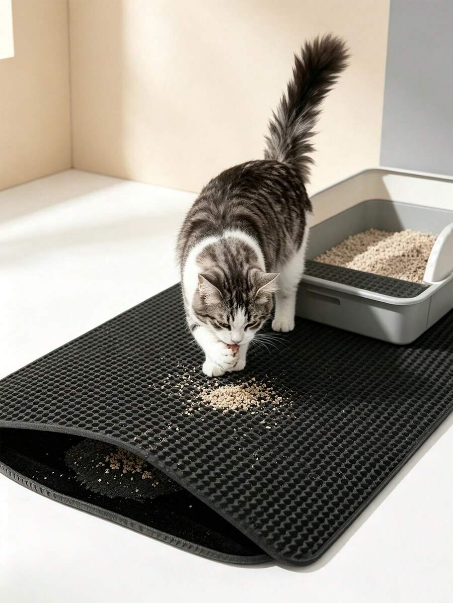 Double Layer Honeycomb EVA Cat Litter Mat, Waterproof Anti-Splash Anti-Leak Cat Litter Collection Mat, Cat Supplies, Comes With Pet Hair Roller - Multicolor - View 1