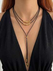 1pc Vintage Y-Shaped Gold Bead Long 3-Layer Necklace - Multicolor - View 1