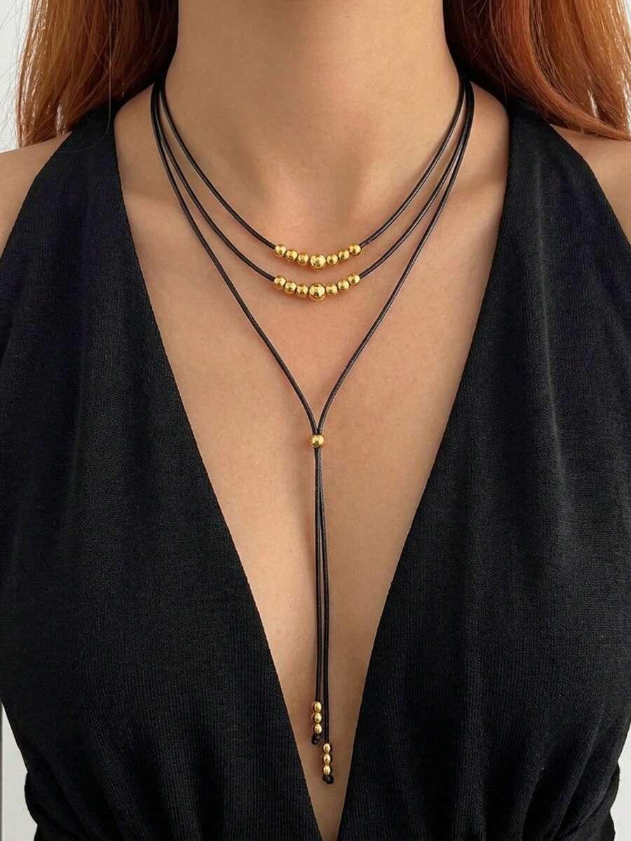 1pc Vintage Y-Shaped Gold Bead Long 3-Layer Necklace - Multicolor - View 1