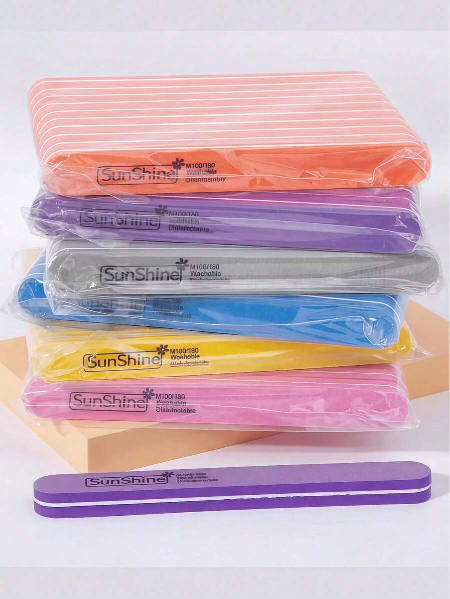 5/10/20/50pcs Oval Long Nail File Set, 0.47 Inch Thick, Suitable For Gel Nails, Washable Sponge, Double-Sided 100/180 Grit Polishing - Multicolor - View 1