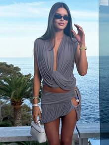 Top Dazzle Bold Women Deep V Neck Ruched Bodycon Cut Out Two Pieces Mini Dress With Medium Stretch Fabric - Grey - View 5