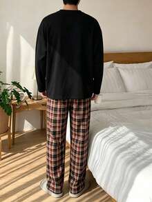 Men's Korean-Style INS Casual Basic Pajama Set, Crew Neck Long Sleeve T-Shirt Top And Plaid Faux Button Long Pants Bottom, 2-Piece Loungewear Set, Suitable For Spring, Autumn, Winter, Can Be Worn Out - Multicolor - View 2