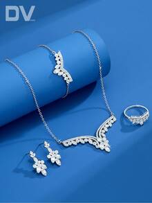 DV JEWELRY Juego de joyas de 5 piezas/set con circonita cúbica chapada en oro blanco, collar, pulsera, pendientes, anillo con apertura oculta, regalo de joyas elegante para citas, fiestas, aniversarios - Plateado - Ver 1