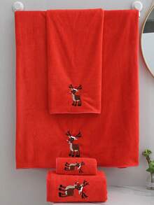 Christmas Reindeer Embroidered Coral Fleece Bath Towel Set, Multiple Colors Available, Soft And Absorbent, 1pc/3pcs Optional, Home Bathroom Face And Bath Towel, Christmas Home Decor Holiday Gift - Multicolor - View 5
