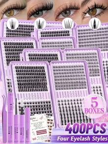 MEM 400-Piece DIY False Eyelash Kit (Includes Glue, Remover, And Tweezers) – 4 Styles (Individual Clusters & Segmented Lashes) – Purple Box – Styles: "Wild Spring," "Wheat Field," And "Fishtail" – Halloween Gift - Black - View 10