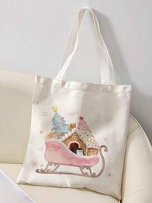 1pc Random Christmas Print Canvas Tote Bag, Large Capacity Hand‑Held Shoulder Bag,Reusable Shopping Bag For Music Festival Party Daily Packing Books - Pink - View 10