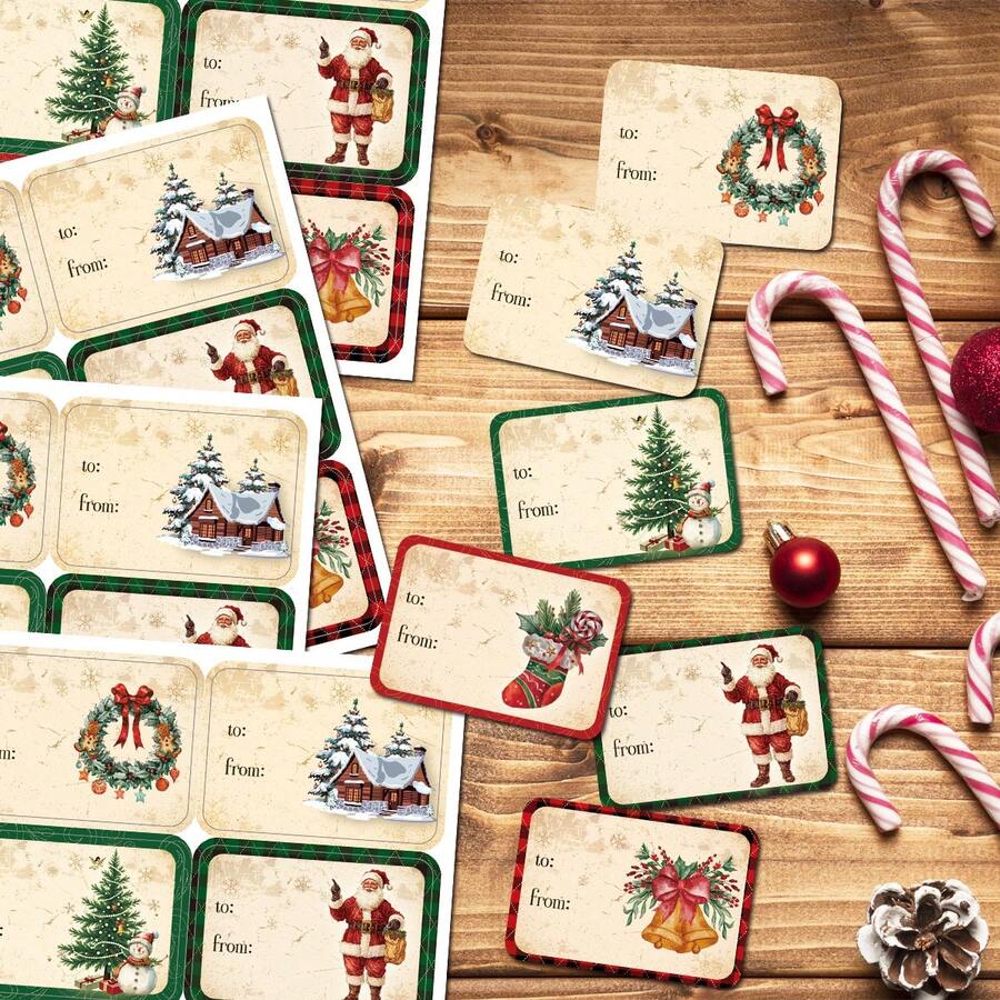 90pcs/15sheets Festive Christmas Name Gift Tags Stickers - Santa, Snowman & Festive Designs Self-Adhesive Labels For Gift Boxes, Candy Bags & Party Favor Decorations, Xmas Party Supplies - Multicolor - View 1