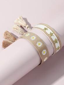 2pcs/Set Girls Fresh Daisy Flower Woven Bracelet Set Combination Suitable For Daily Decoration - Multicolor - View 1