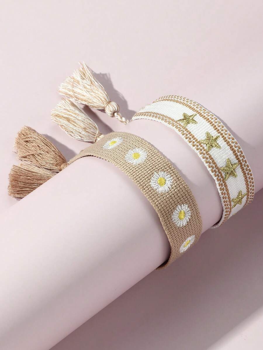 2pcs/Set Girls Fresh Daisy Flower Woven Bracelet Set Combination Suitable For Daily Decoration - Multicolor - View 1