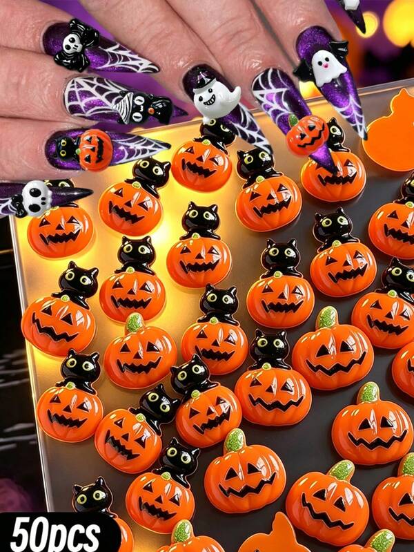 50Pcs Halloween 3D Kawaii Cartoon Pumpkin Black Cat Shape Nail Charms Orange Cute Pumpkin Holiday Nail Art Decor For DIY Manicure