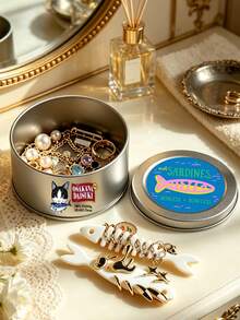 Novelty Sardine Can‑Shaped Metal Jewelry Storage Box, Cat Print, Fishbone Partition Snap Closure,Trinket Organizer, Container, Gifts Daily Decor - Multicolor - View 6