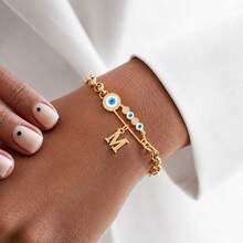 1pc New Classic Eye Pin Initial Pendant Golden Stainless Steel Chain Bracelets For Women - Yellow Gold - View 1