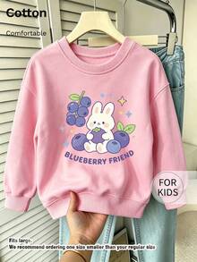Tween Girl Crew Neck Sweatshirt, Blueberry Friend Cute Bunny Fruit Graphic Print Cotton Pullover For Tween Girl - Pink - View 1