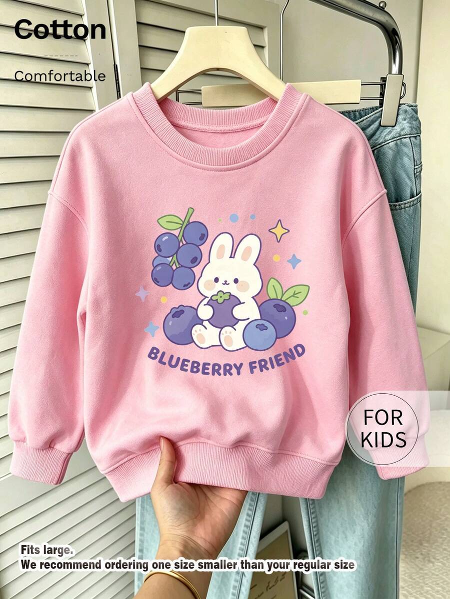 Tween Girl Crew Neck Sweatshirt, Blueberry Friend Cute Bunny Fruit Graphic Print Cotton Pullover For Tween Girl - Pink - View 1